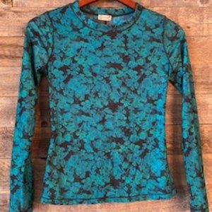 Free People Teal and Black Long Sleeve Floral Print Top